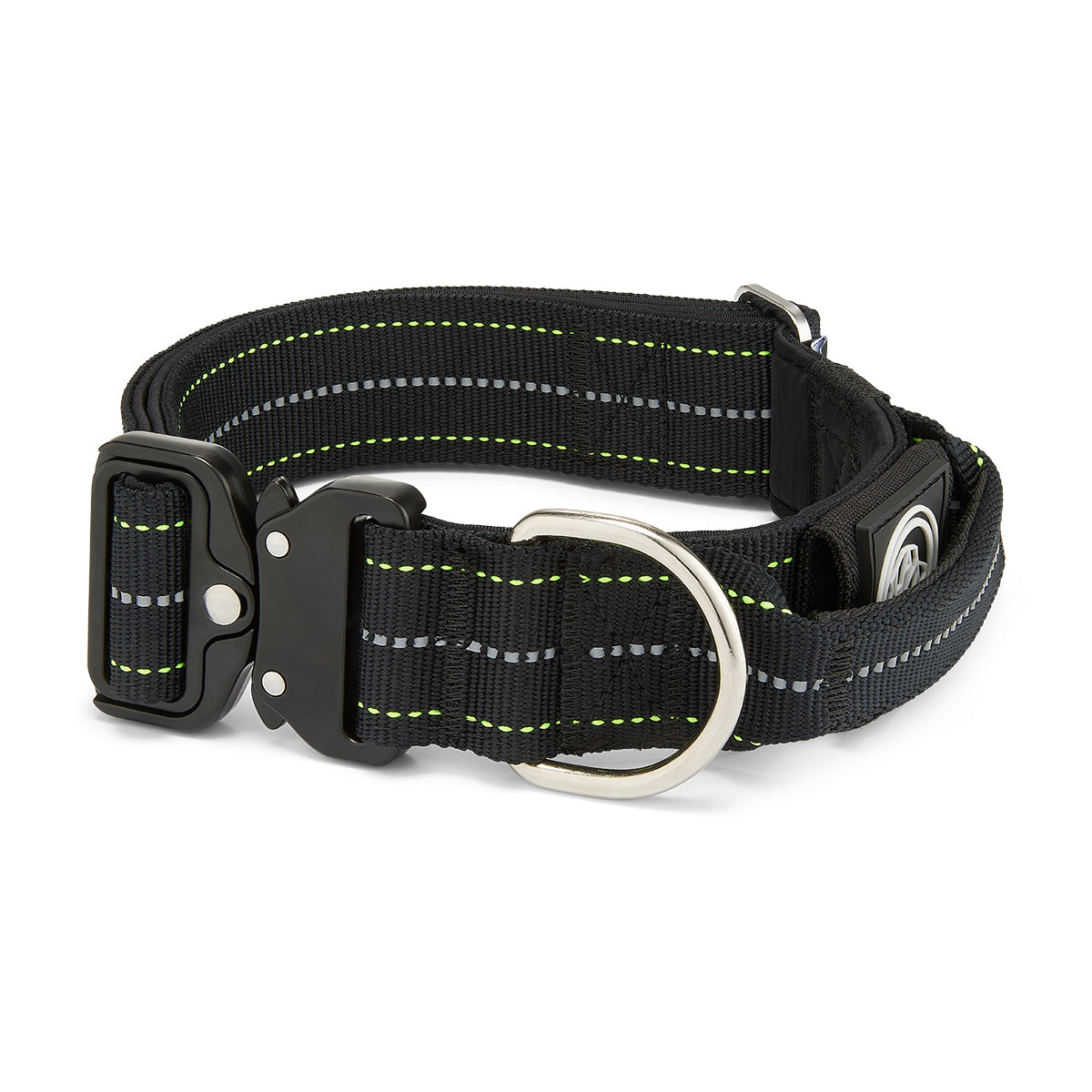 Black dog collar with reflective stripes on a white background