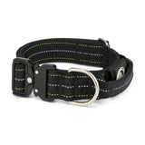 Black dog collar with reflective stripes on a white background