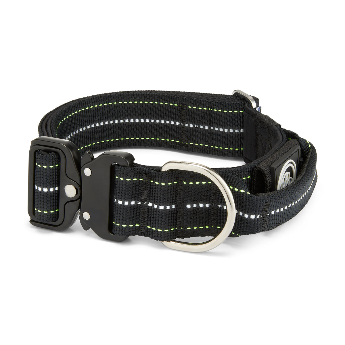 Black dog collar with reflective stripes on a white background