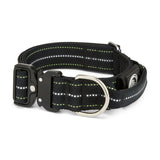 Black dog collar with reflective stripes on a white background