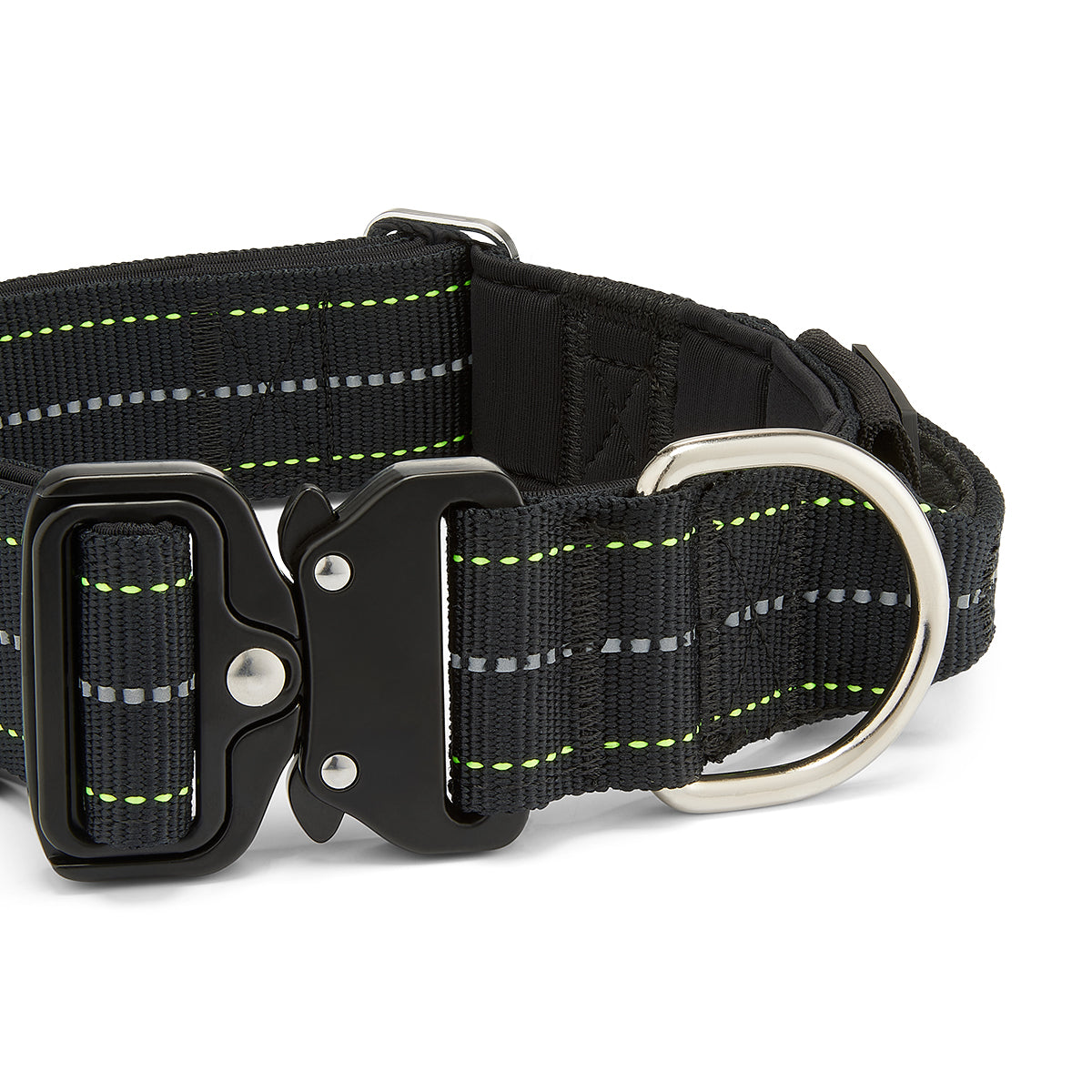 Black dog collar with reflective stripes on a white background