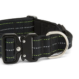 Black dog collar with reflective stripes on a white background