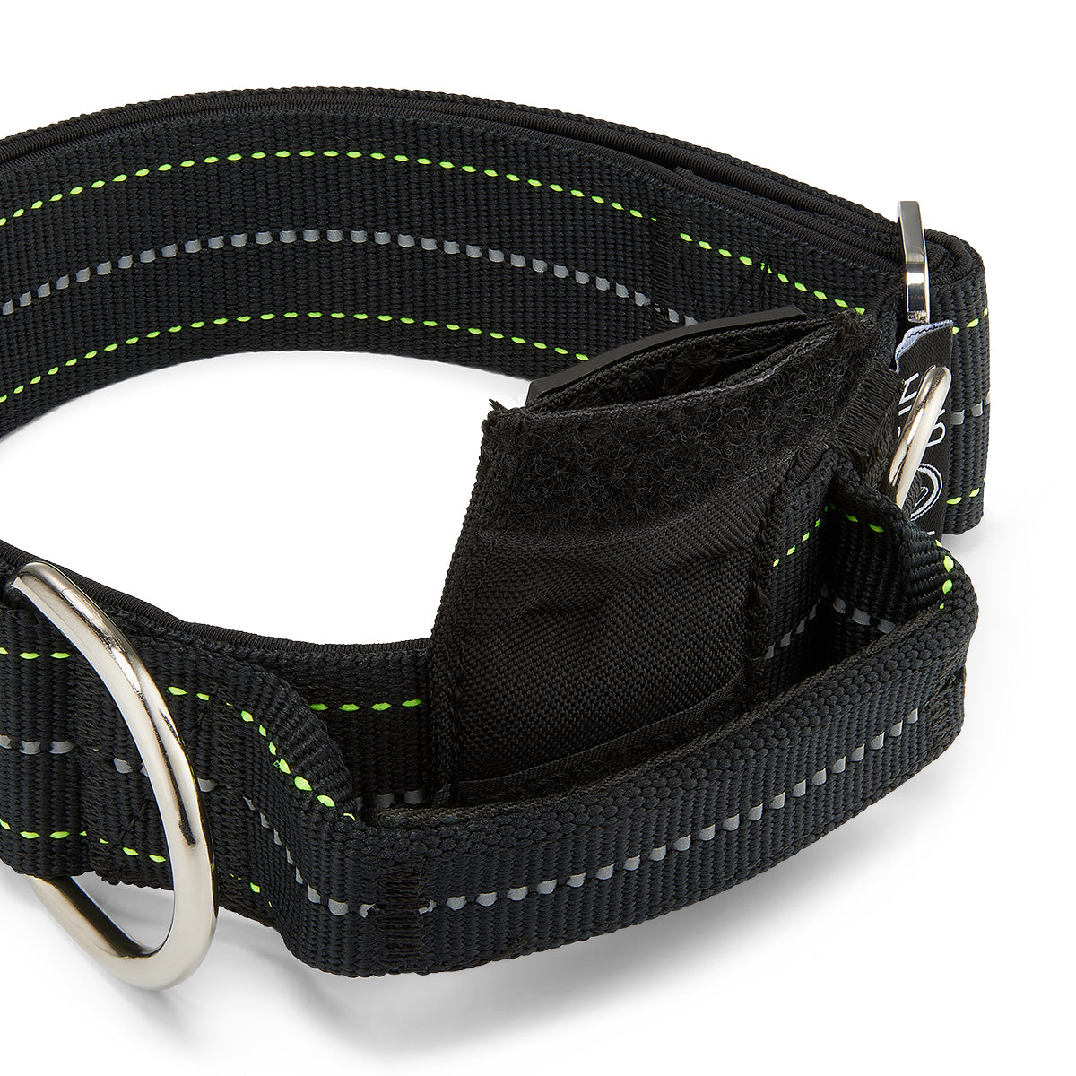 Black dog collar with reflective stripes and metal clasp on a white background