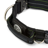 Close-up of a black dog collar with reflective stripes on a white background