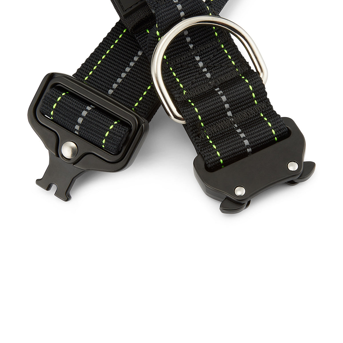 Black dog collar with metal buckle and clip on a white background