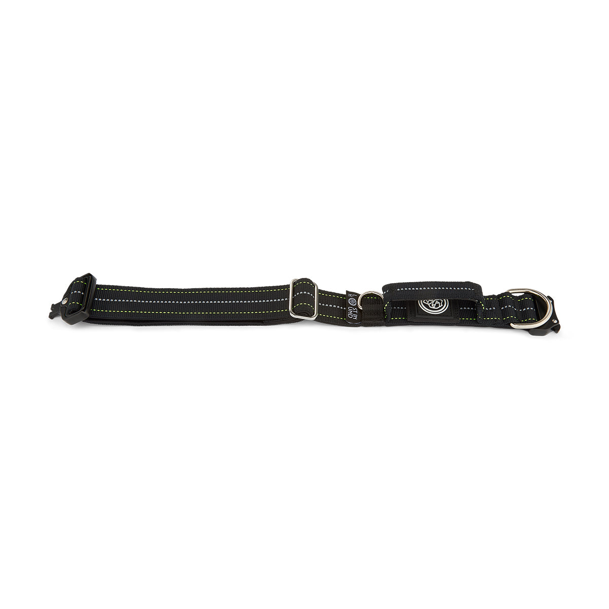 Black dog collar with metallic buckle on a white background