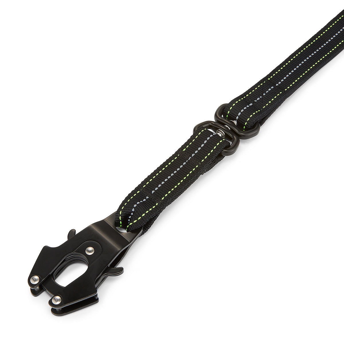 Black dog leash with metal clip on a white background