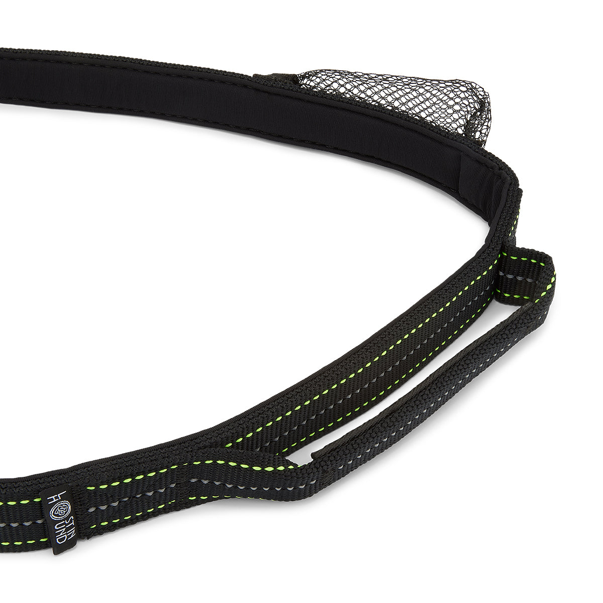 Black dog collar with green stitching on a white background