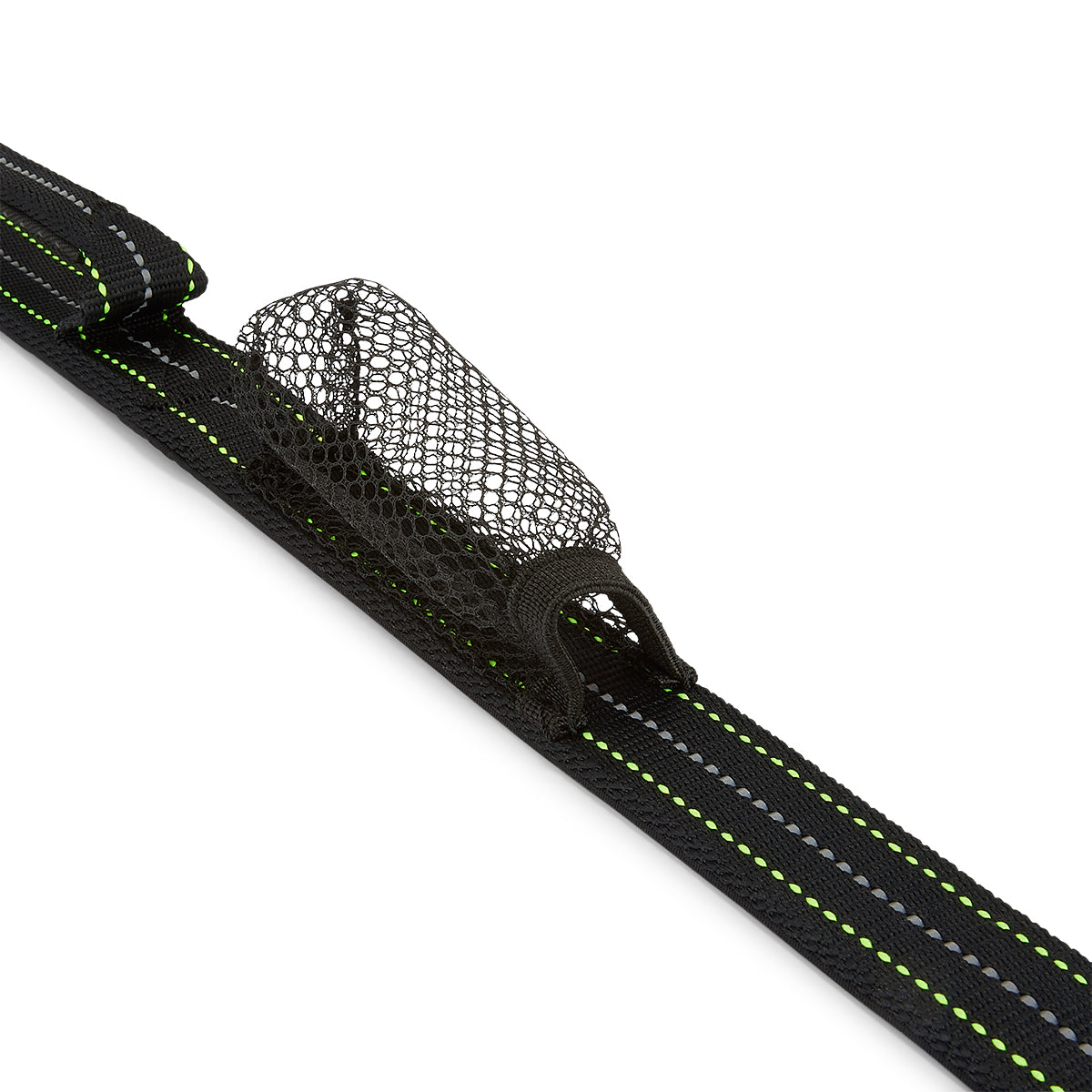 Black webbing strap with a mesh pocket on a white background