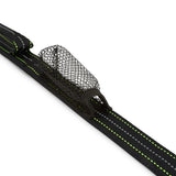 Black webbing strap with a mesh pocket on a white background