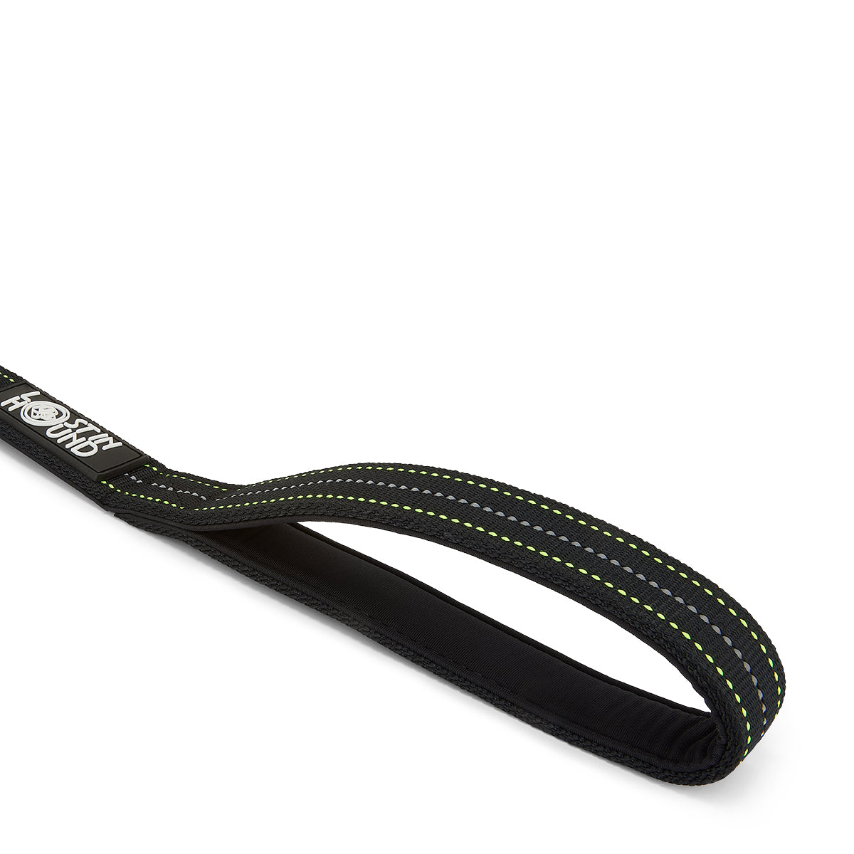 Black dog leash with yellow stitching on a white background