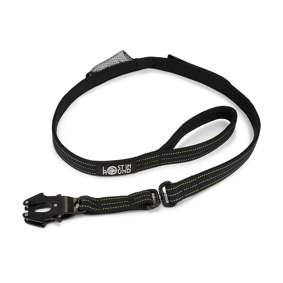 Black dog leash with reflective strip on a white background