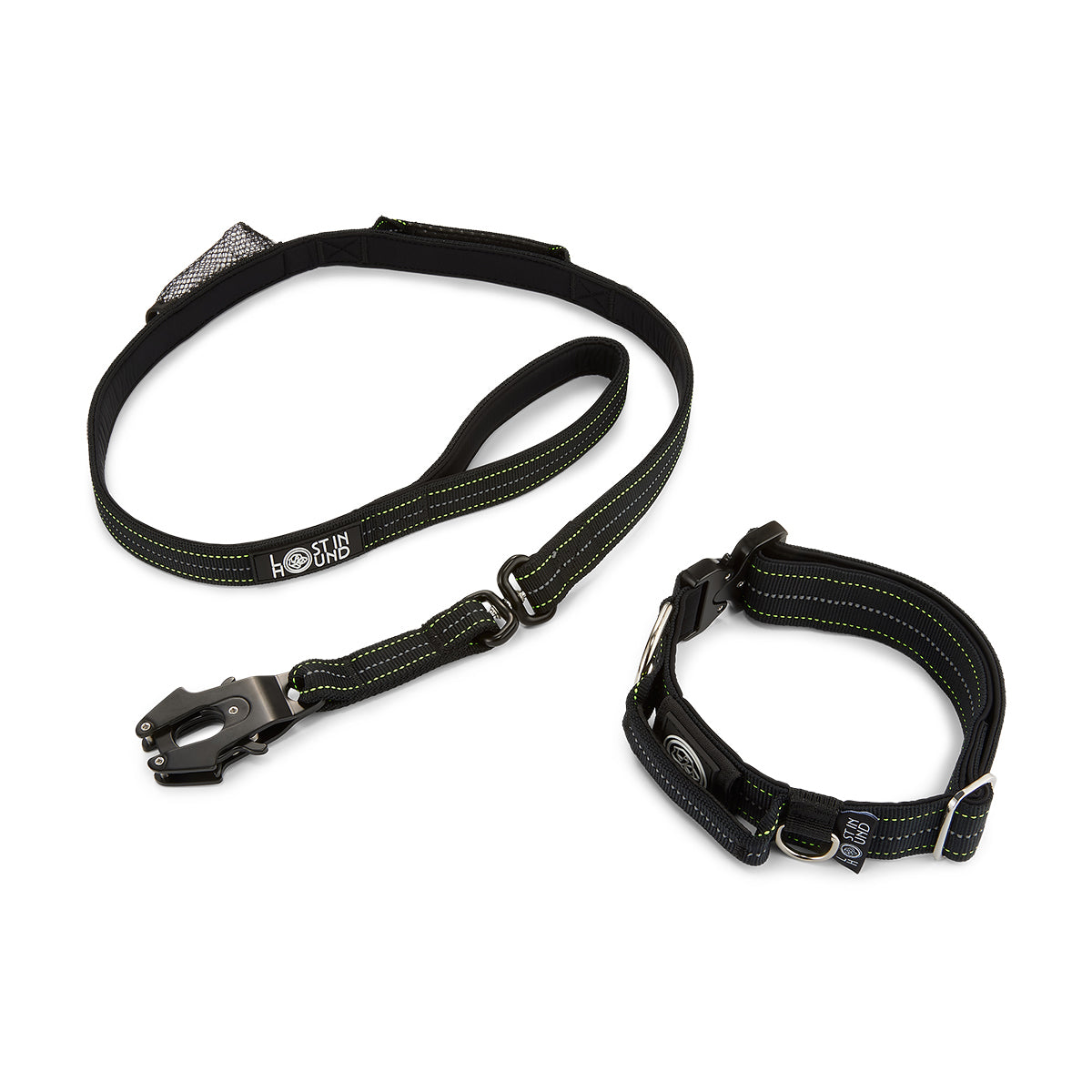 Black dog collar and leash set on a white background