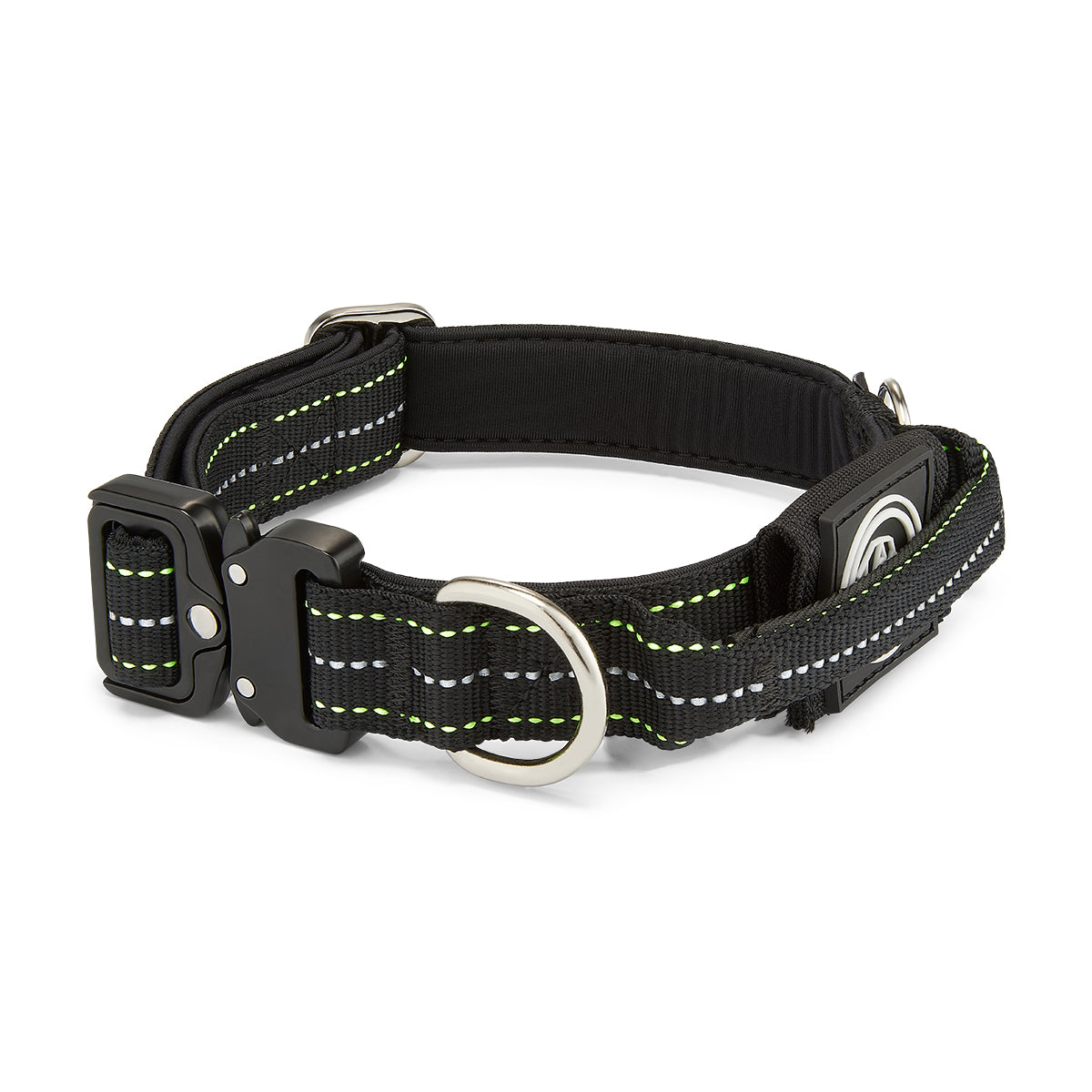 Black dog collar with reflective stripes on a white background