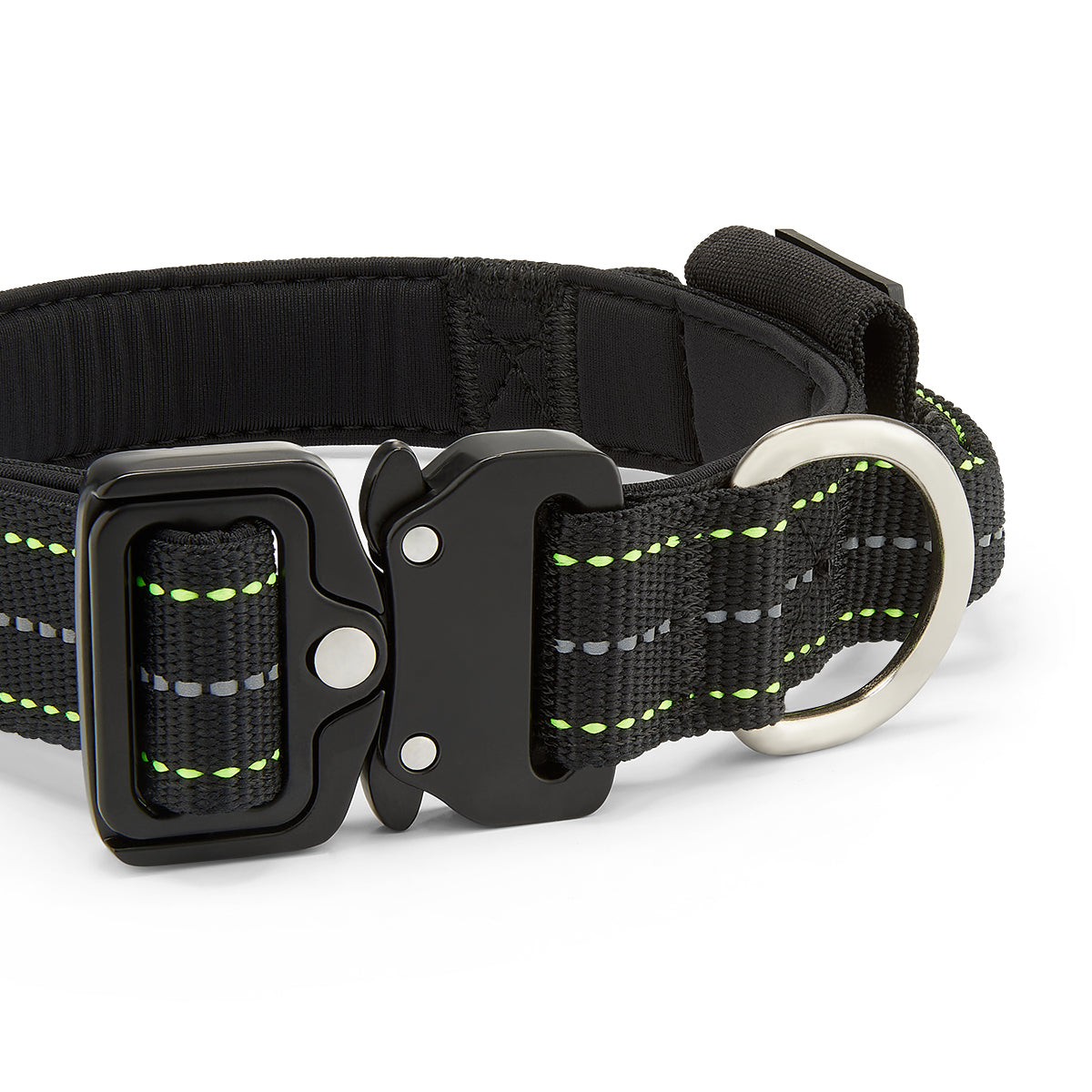 Black dog collar with reflective stripes on a white background