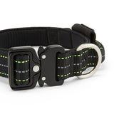 Black dog collar with reflective stripes on a white background