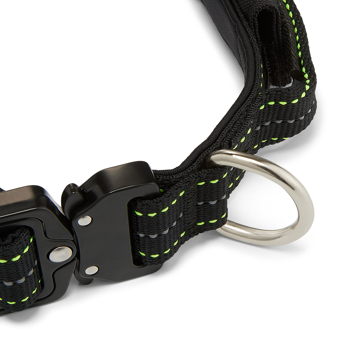 Black dog collar with green stitching and metal D-ring on a white background