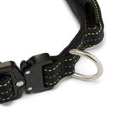 Black dog collar with green stitching and metal D-ring on a white background
