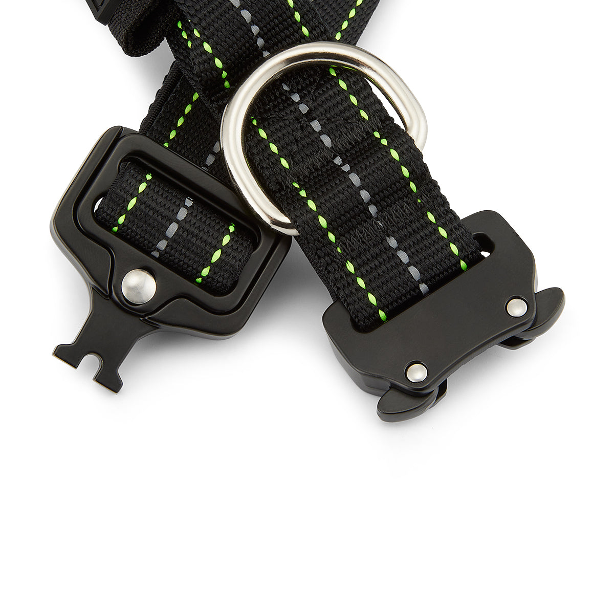 Black dog collar with green stitching and metal D-ring on a white background